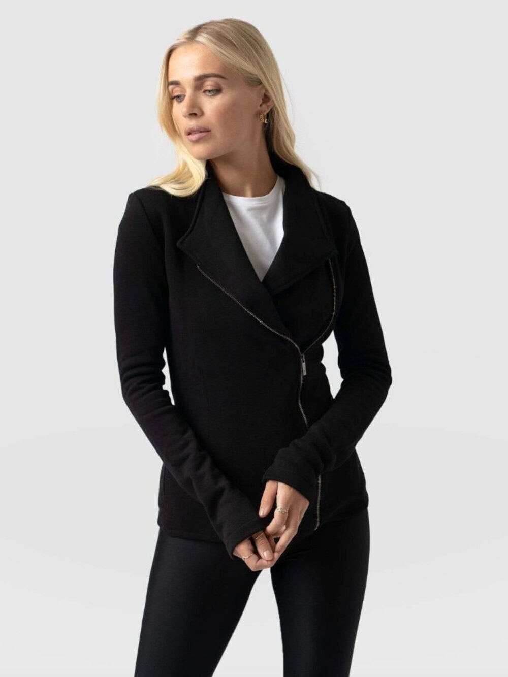 Saint + Sofia Organic Cotton Black Biker Zip Front Slim Fit Sweater Jacket, 14